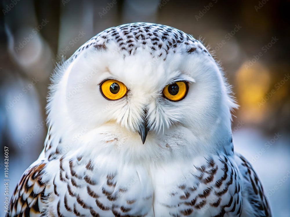 Obraz premium Close-up of a snowy owl glancing left and right, showcasing its striking features and intricate feather patterns, perfect for wildlife enthusiasts and nature lovers alike.