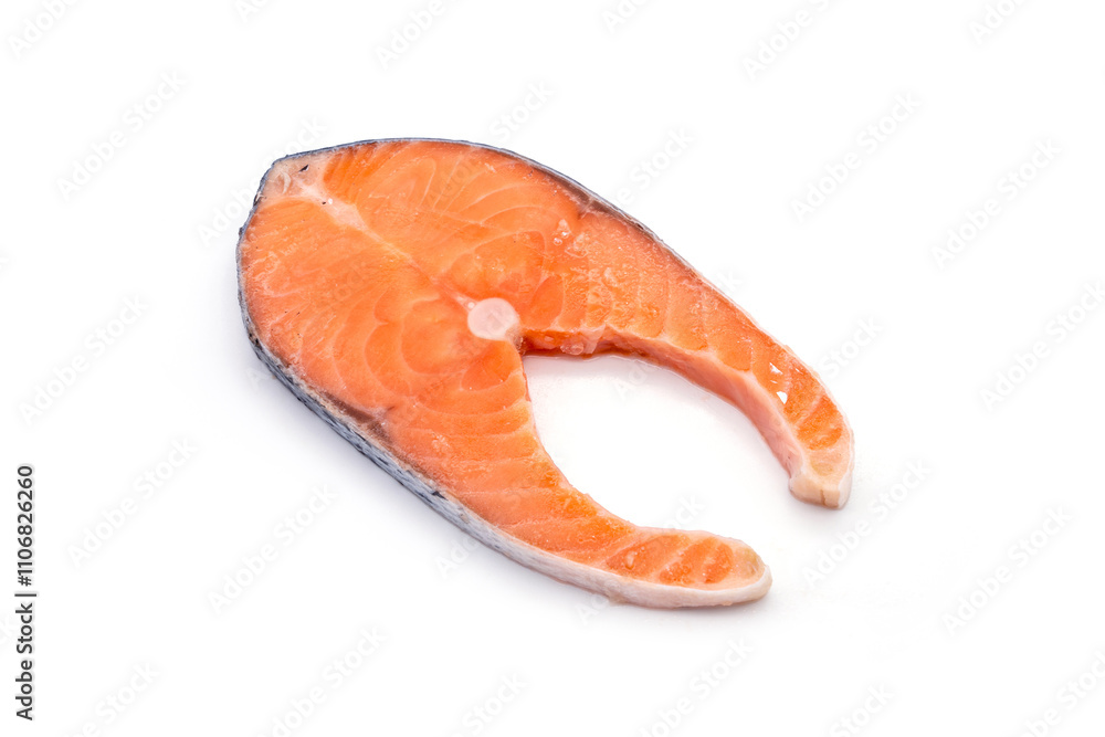Salmon, trout, steak, slice of fresh raw fish frozen from supermarket isolated on white background. Salmon, trout, steak, slice of fresh raw fish frozen from supermarket isolated on white background.