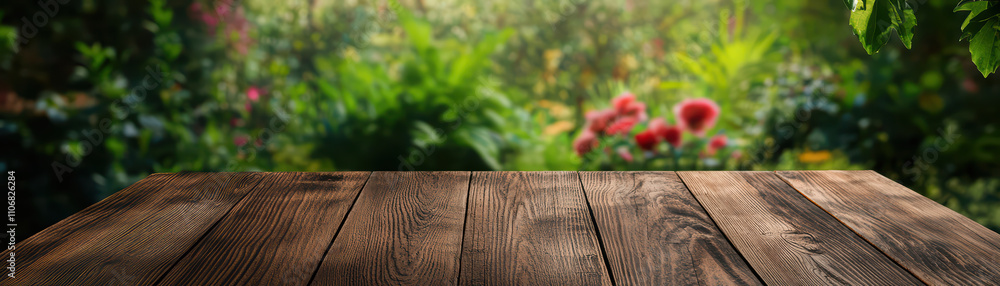 close up view of rustic wooden table with dark mahogany tone, set against vibrant garden backdrop filled with lush greenery and colorful flowers, creating serene atmosphere close up view of rustic wooden table with dark mahogany tone, set against vibrant garden backdrop filled with lush greenery and colorful flowers, creating serene atmosphere