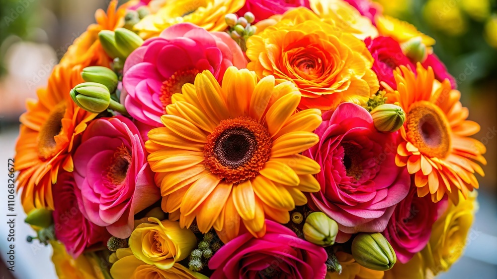Close-Up of a Vibrant Bridal Bouquet Featuring Bright Pink Gerberas, Orange Roses, and Cheerful Yellow Blooms in a Joyful and Colorful Arrangement for Wedding Inspiration Close-Up of a Vibrant Bridal Bouquet Featuring Bright Pink Gerberas, Orange Roses, and Cheerful Yellow Blooms in a Joyful and Colorful Arrangement for Wedding Inspiration