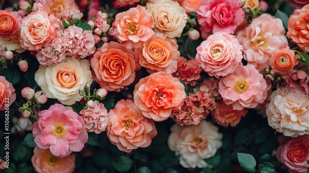 A vibrant arrangement of various roses in shades of pink and peach, showcasing floral beauty. A vibrant arrangement of various roses in shades of pink and peach, showcasing floral beauty.