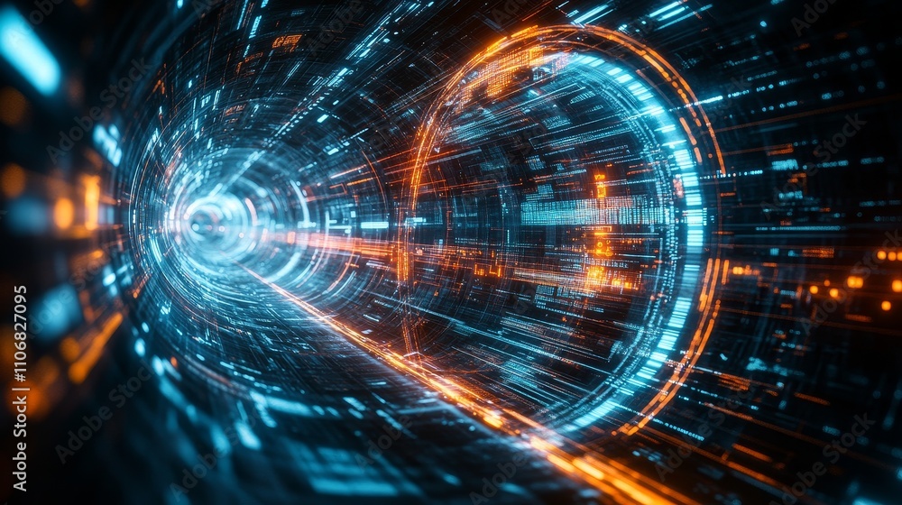 Obraz premium Abstract digital tunnel with glowing blue and orange rings
