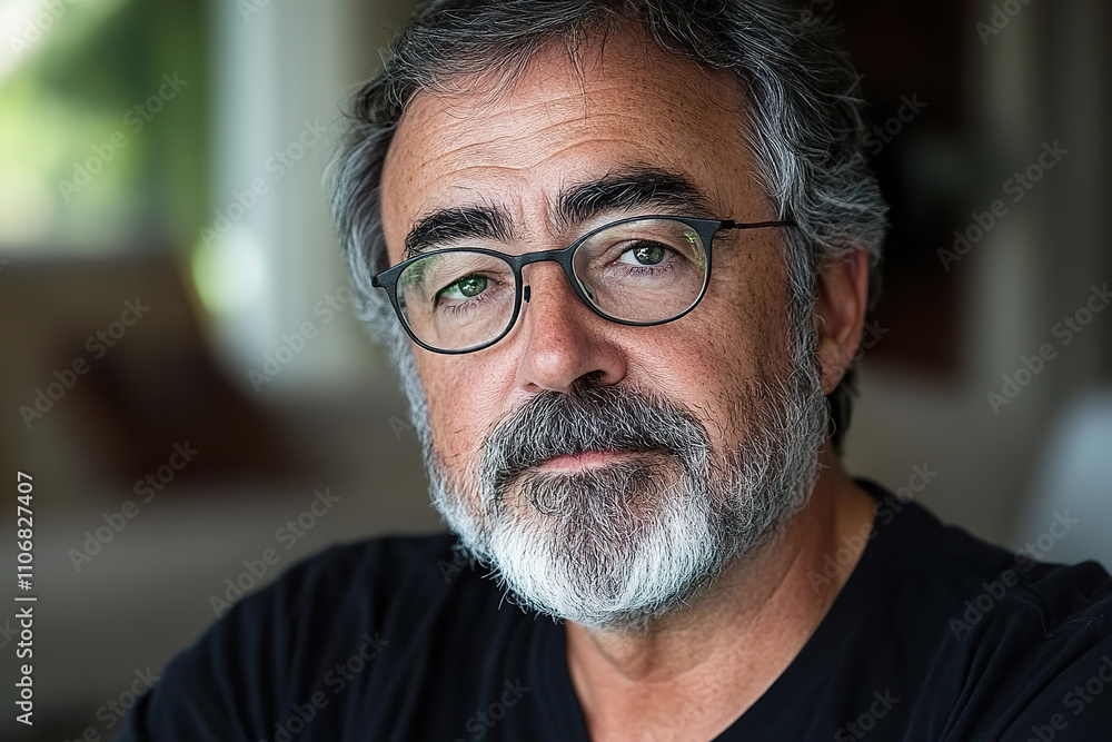 Middle aged man with beard and glasses sitting indoors, mid life age Middle aged man with beard and glasses sitting indoors, mid life age