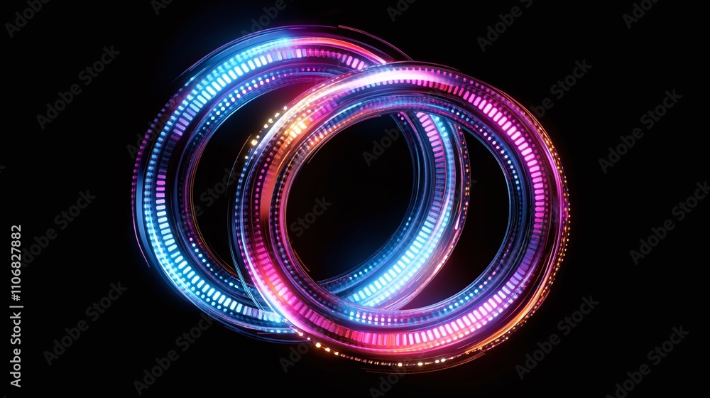 Vibrant Neon Rings with Glowing Light Effects on Black Background for Digital Art and Design Projects Vibrant Neon Rings with Glowing Light Effects on Black Background for Digital Art and Design Projects
