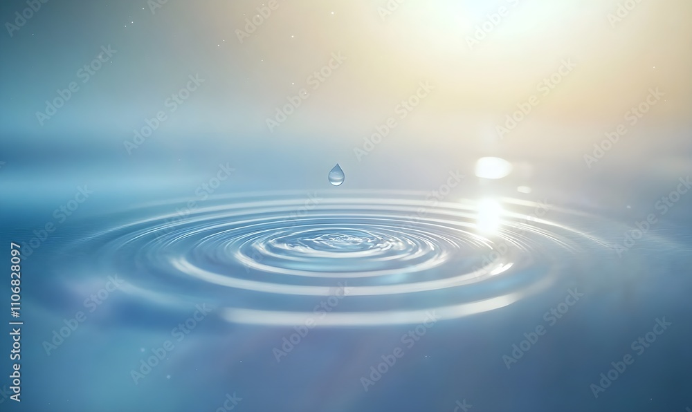 A focused water drop creates ripples on a calm surface reflecting light and revealing surface tension A focused water drop creates ripples on a calm surface reflecting light and revealing surface tension