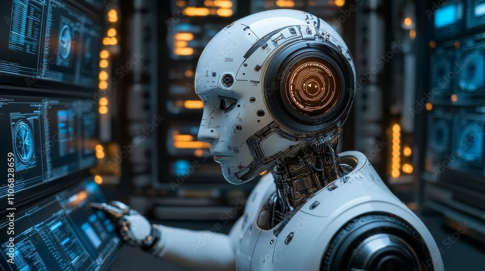 Fototapeta premium An android robot interacts with a computer screen in a data center