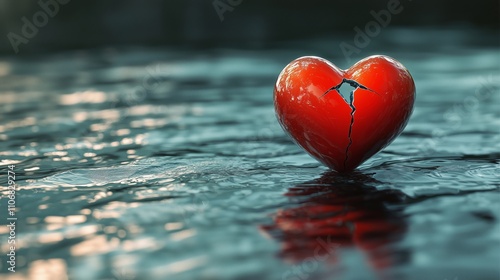 A cracked red heart floating on rippling water, symbolizing heartbreak, emotional distress, and the fragility of love amidst pain and vulnerability.