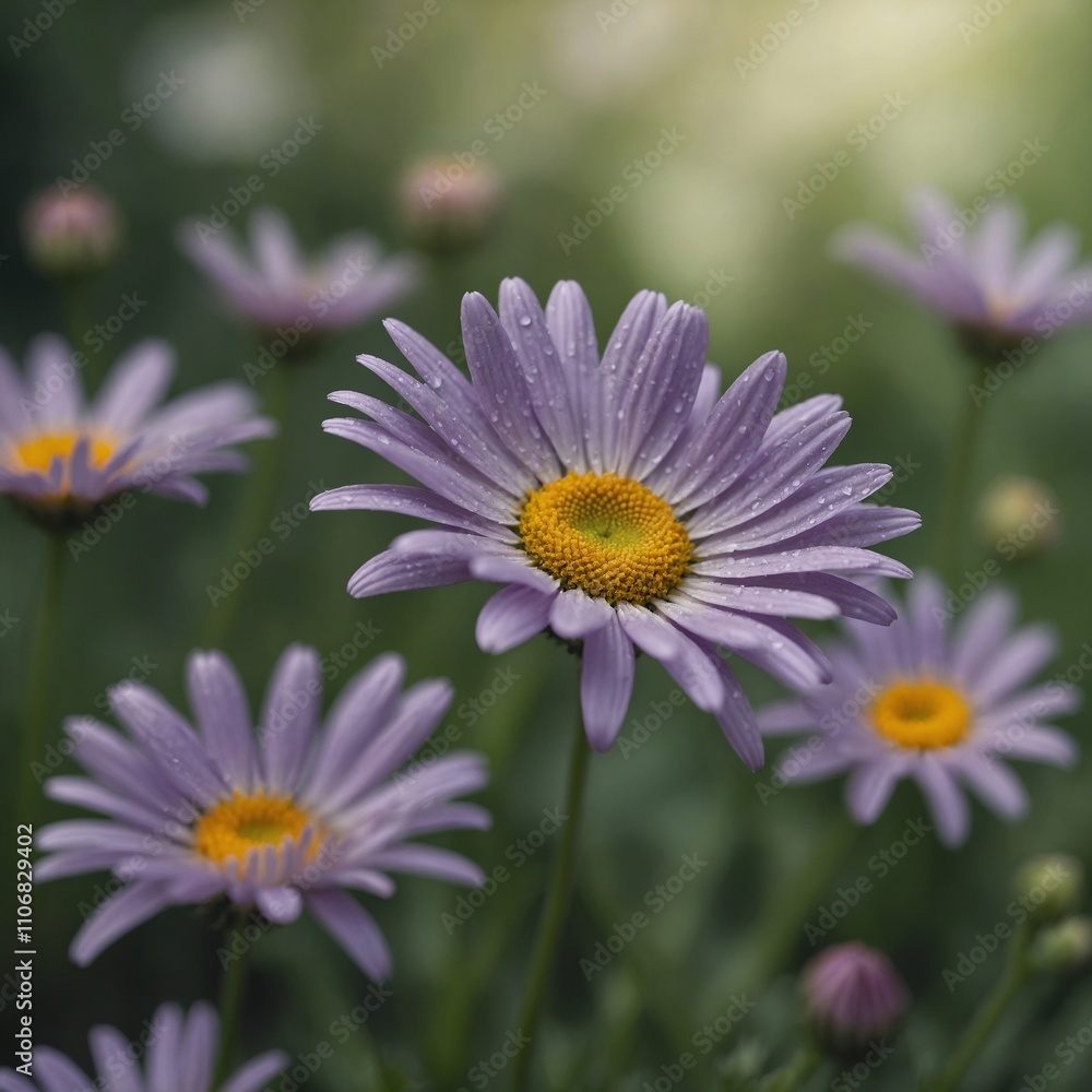 A soft lavender daisy on a blurred natural green background.
A soft lavender daisy on a blurred natural green background.