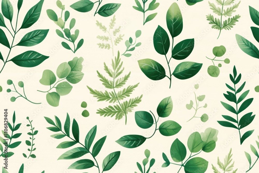 Hand Drawn Fern and Eucalyptus Pattern on Beige Hand Drawn Fern and Eucalyptus Pattern on Beige
