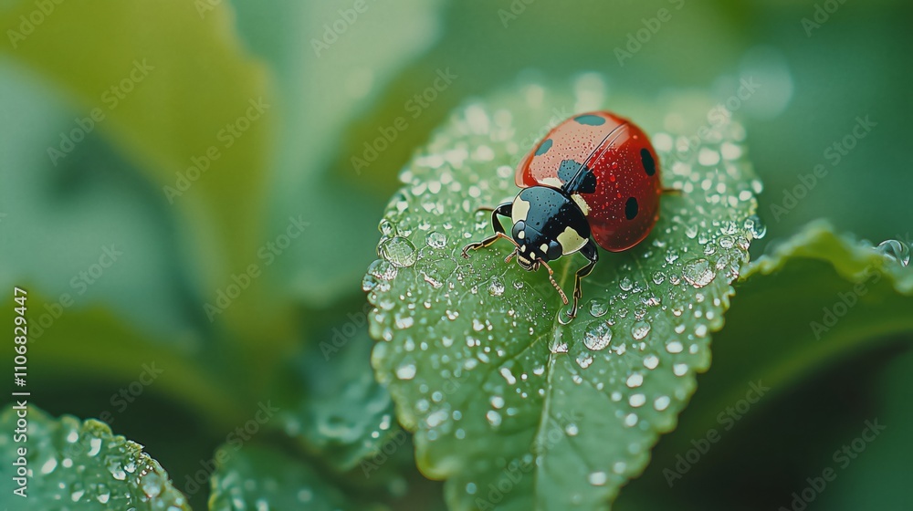 Close-up of a vivid red ladybug with black spots perched on a dewy green leaf, surrounded by shimmering water droplets and a blurred green background. Close-up of a vivid red ladybug with black spots perched on a dewy green leaf, surrounded by shimmering water droplets and a blurred green background.