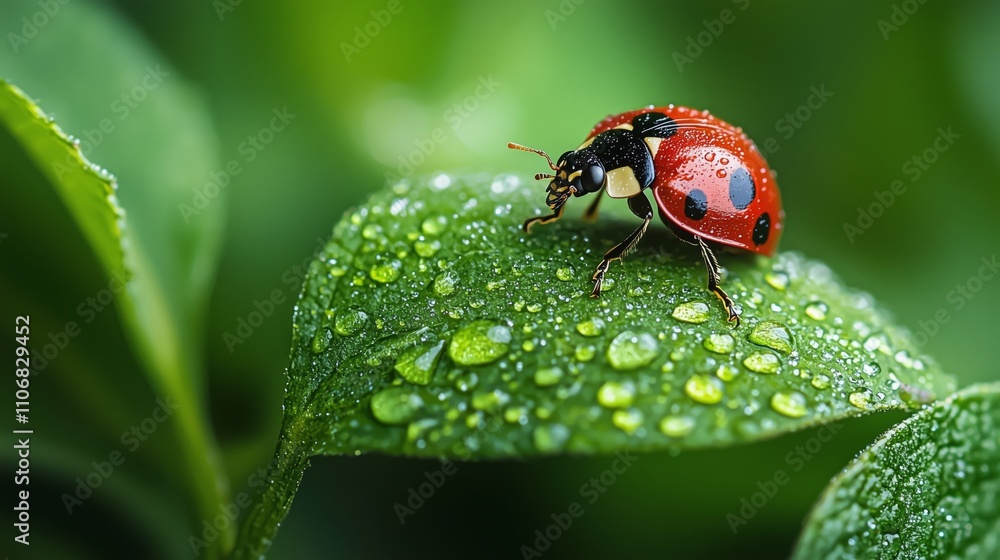 Close-up of a vibrant red ladybug with black spots perched on a green leaf covered in sparkling morning dew, set against a lush blurred green background. Close-up of a vibrant red ladybug with black spots perched on a green leaf covered in sparkling morning dew, set against a lush blurred green background.