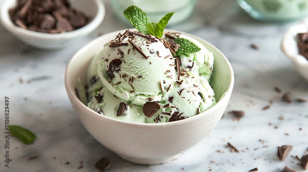 Mint chocolate chip ice cream in bowl topped with chocolate shavings Mint chocolate chip ice cream in bowl topped with chocolate shavings