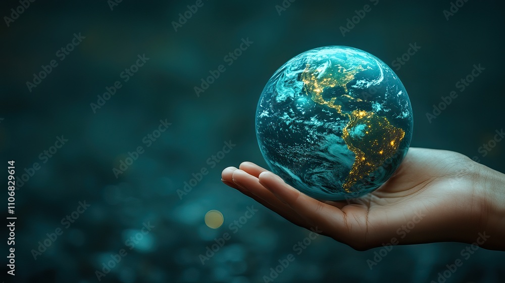 A hand displays a holographic Earth against a dark, abstract background, with a banner offering space for your text, symbolizing global business concepts A hand displays a holographic Earth against a dark, abstract background, with a banner offering space for your text, symbolizing global business concepts