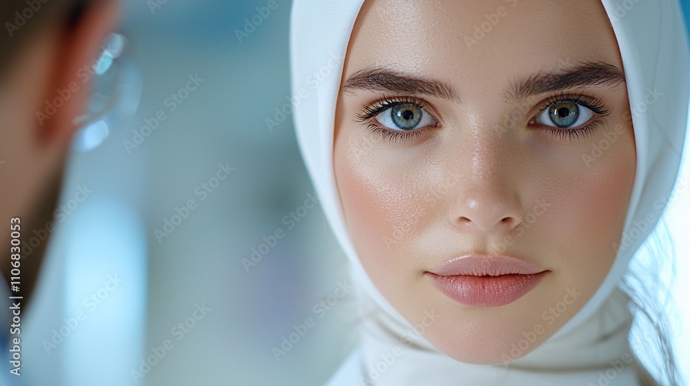 Close-up portrait of a woman in a hijab, looking directly at the camera with a serious expression, in a medical setting. Close-up portrait of a woman in a hijab, looking directly at the camera with a serious expression, in a medical setting.
