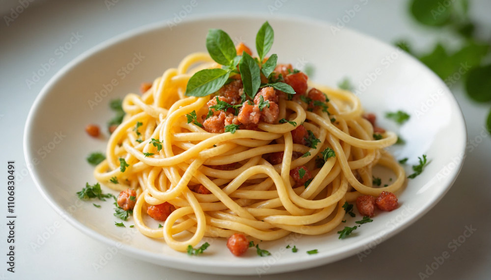 Delicious spaghetti with sauce and herbs on a white plate with copy space Delicious spaghetti with sauce and herbs on a white plate with copy space