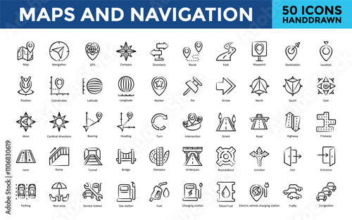 Maps and Navigation icon set with map, navigation, gps, compass, directions, route, path, waypoint, destination, location icon. Simple handdrawn vector 
