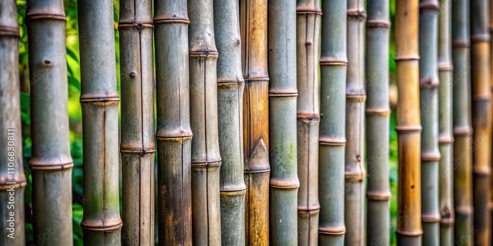 Closeup of Natural Monochrome Bamboo Sticks Forming a Unique Fence with Horizontal Gray Lines and Organic Textures, Perfect for Eco-Friendly and Tropical Background Designs Closeup of Natural Monochrome Bamboo Sticks Forming a Unique Fence with Horizontal Gray Lines and Organic Textures, Perfect for Eco-Friendly and Tropical Background Designs