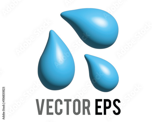 3D three light blue droplets icon, as sweat beads, splashing down to right