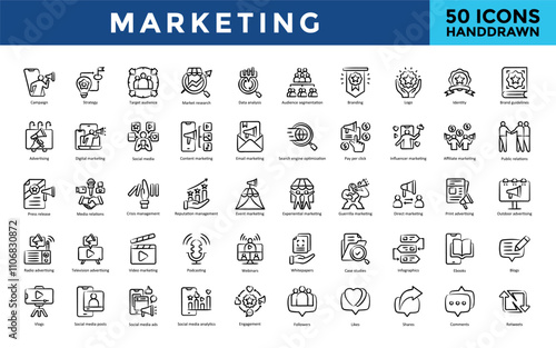 Marketing icon set with campaign, strategy, target audience, market research, data analysis, audience segmentation, branding, logo, identity, brand guidelines icon. Simple handdrawn vector 
