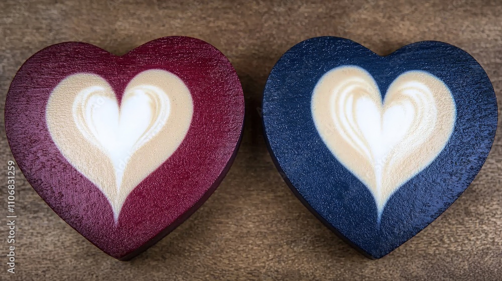 Fototapeta premium Romantic Latte Art Heart Shapes on Wooden Coasters Valentines Day