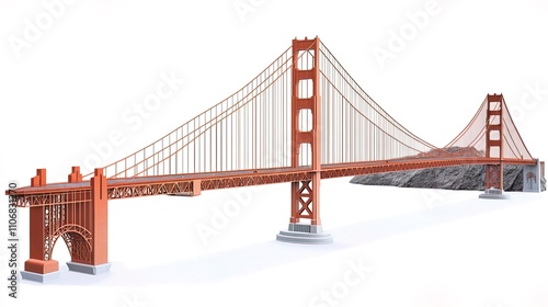 A golden gate bridge, iconic structure, detailed illustration, bold red tones, isolated on white background  