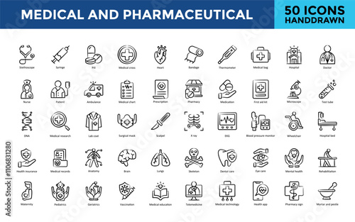 Medical and Pharmaceutical icon set with stethoscope, syringe, pill, medical cross, heart, bandage, thermometer, medical bag, hospital, doctor icon. Simple handdrawn vector 
