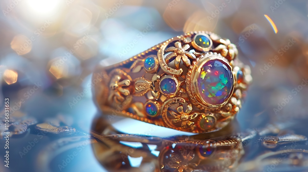 Opal studded ring reflecting soft ambient light Opal studded ring reflecting soft ambient light