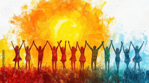 A hand-drawn sketch of people celebrating success together under the sun
