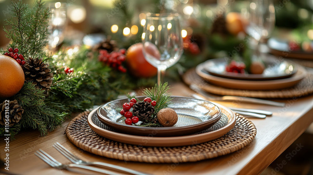 Festive Holiday Table Setting with Winter Greenery Festive Holiday Table Setting with Winter Greenery