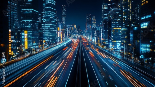 Nighttime View of a Cityscape with Illuminated Buildings and Traffic