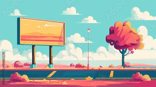 Vibrant Abstract Landscape with Billboard and Tree
