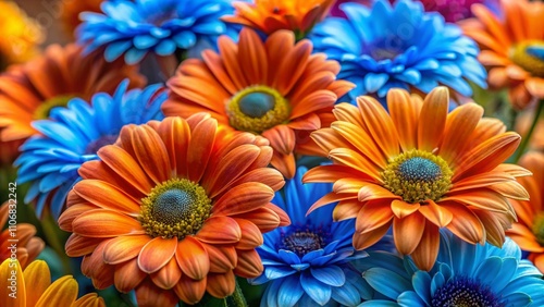 Close-up of Vibrant Orange and Blue Daisies Cluster with Copy Space for Floral Designs and Creative Projects