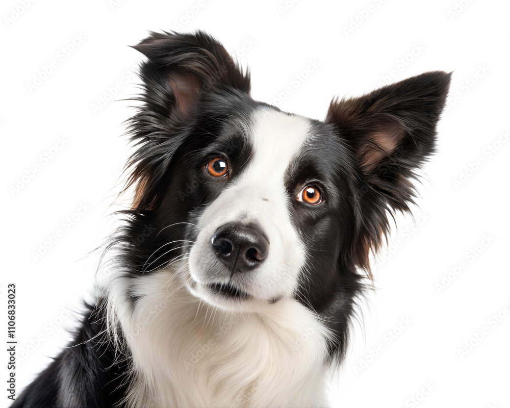 Black and white border collie portrait looking at camera isolated on white background. Border collie headshot on white Black and white border collie portrait looking at camera isolated on white background. Border collie headshot on white
