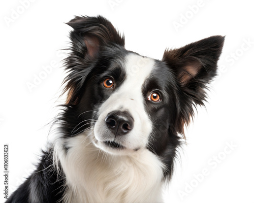 Black and white border collie portrait looking at camera isolated on white background. Border collie headshot on white