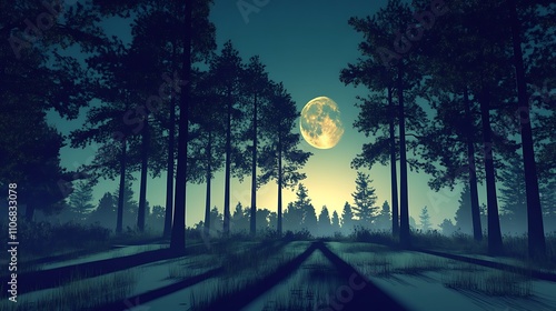 The moon casting sharp shadows of tall trees over a silent forest clearing photo