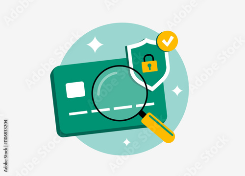 Secure online payment concept with credit card, magnifying glass and shield icon. Fraud detection, transaction security, digital payment safety and anti-fraud system modern flat vector illustration
