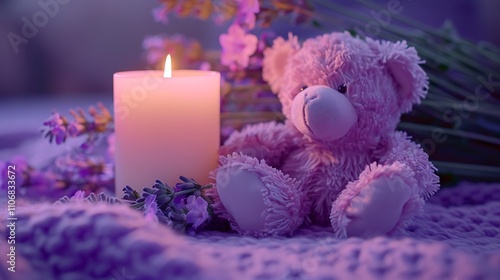 Pink heather purple lit candle and teddy bear on shabb photo