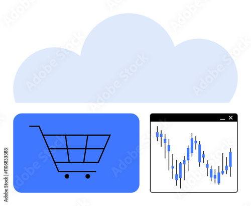 Cloud symbol above shopping cart and fluctuating stock chart. Ideal for e-commerce, data storage, cloud computing, financial analysis, market trading, online shopping, business strategy. Cloud