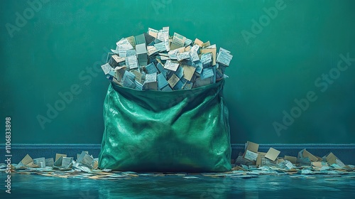 A large green mail bag spills envelopes, presenting a chaotic yet organized display photo