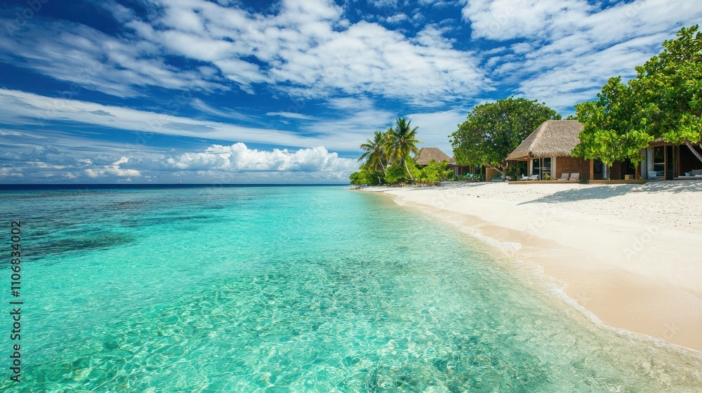 Fototapeta premium Tropical luxury holiday scene with white-sand beaches, turquoise water, and private villas