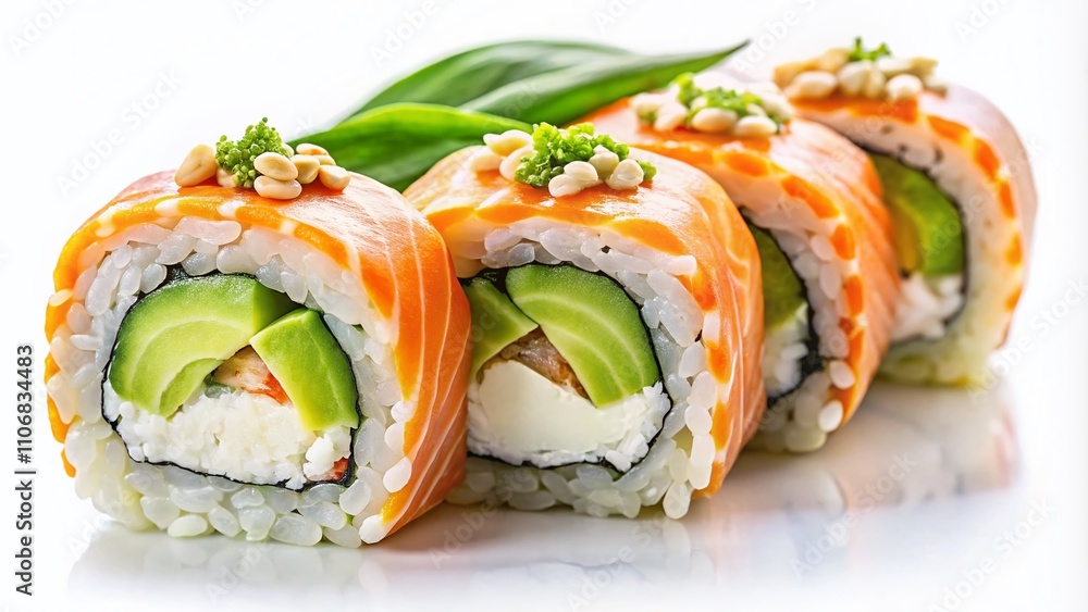 Close-Up View of a Set of Philadelphia Rolls with Fresh Ingredients on a White Background, Perfect for Food Photography and Culinary Inspiration