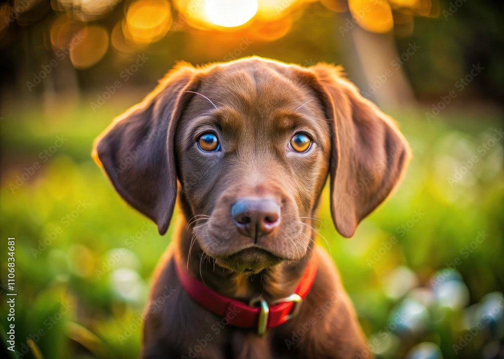 Adorable Chocolate Puppy in Low Light: A Close-Up Outdoor Scene Emphasizing Care, Training, and Obedience for Pet Owners Adorable Chocolate Puppy in Low Light: A Close-Up Outdoor Scene Emphasizing Care, Training, and Obedience for Pet Owners