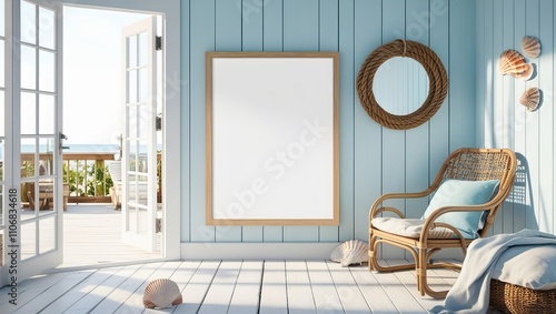 An empty poster frame mockup in a breezy beach house interior