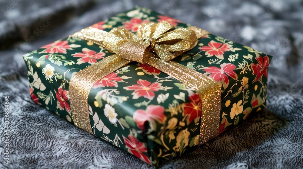 Wrapped present with festive paper and a shiny ribbon, ready for an occasion Wrapped present with festive paper and a shiny ribbon, ready for an occasion