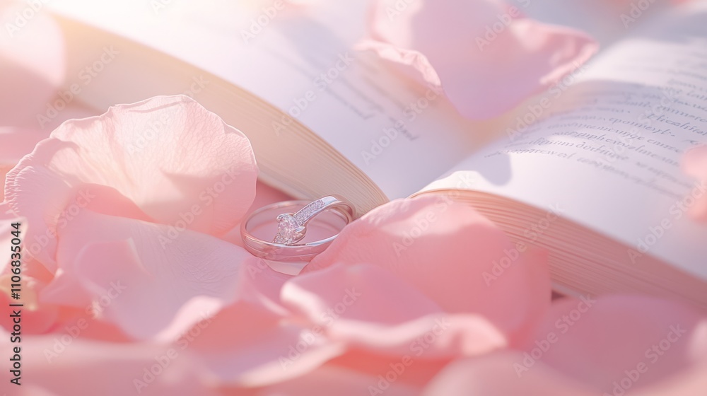 Romantic Wedding Rings on Open Book Surrounded by Petals in Soft Light - Micro Wedding Concept Romantic Wedding Rings on Open Book Surrounded by Petals in Soft Light - Micro Wedding Concept