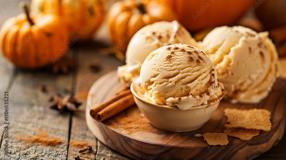 Pumpkin spice ice cream with cinnamon sticks on a wooden board surrounded by pumpkins