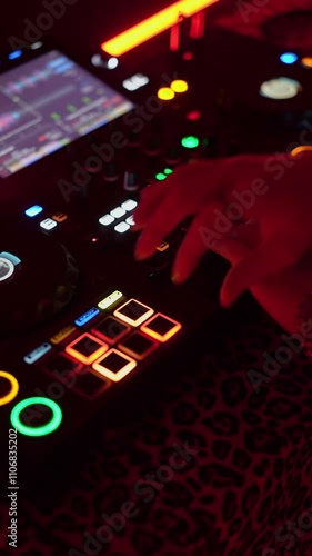 Close-up shots of a DJ mixing music on turntables in a vibrant nightclub with colorful lighting. The hands of the DJ are adjusting various controls and creating an energetic atmosphere.