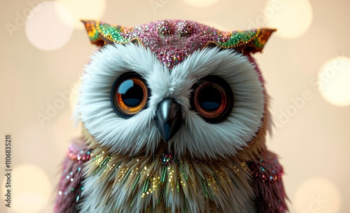 owl christmas A colorful glitter toy owl with brown eyes on glowing background  animal, decoration, season, bird photo