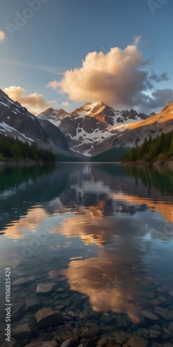 Snow-capped mountains rise majestically against a backdrop of vibrant autumn trees reflecting in a calm lake. Soft clouds catch the warm glow of the setting sun in the serene landscape.