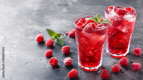 Raspberry soda with fresh raspberries in tall glass photo